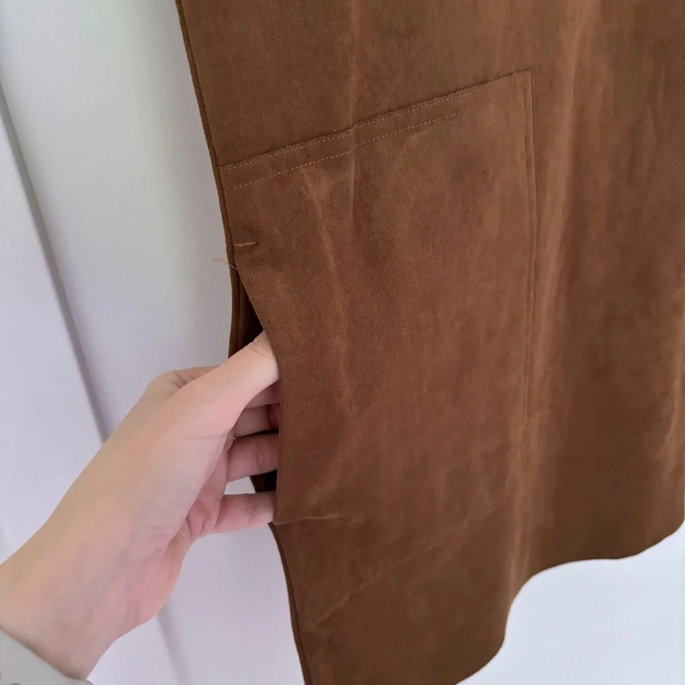 Aritzia Wilfred Free Faux Suede Dark Camel Brown Mini Dress Sz S Trompette Nori - Picture 5 of 9